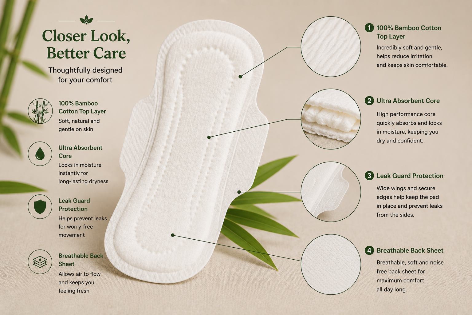 Bamboo Cotton Pads for Women – 100% Cotton Pads, Organic Cotton Pads, Bamboo Sanitary Pads, Cotton Menstrual Pads for Sensitive Skin, Organic Cotton Sanitary Pads, Medium Flow, Heavy Flow & Maxi Overnight