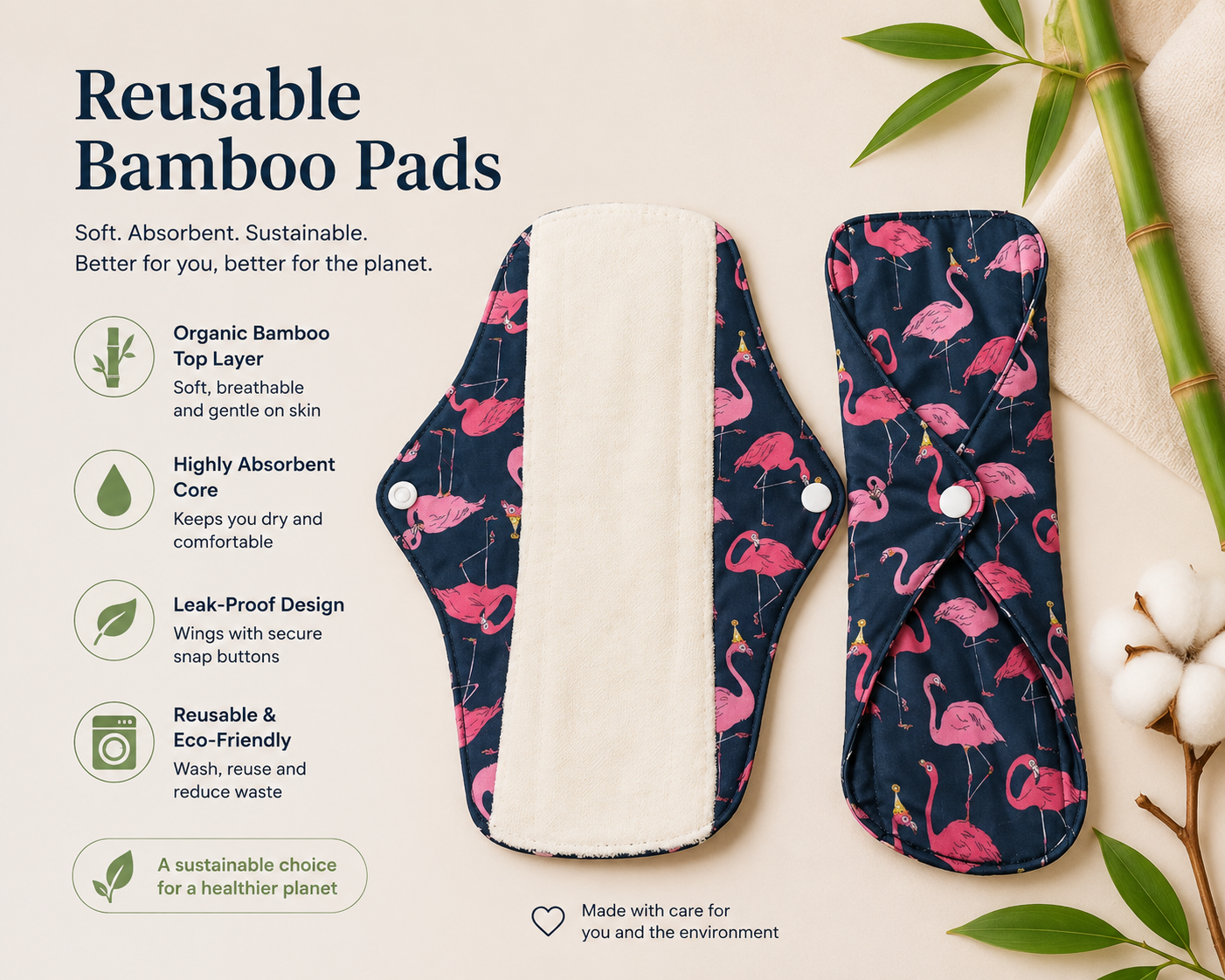 Reusable Menstrual Pad – Reusable Cotton Pads for Women, Organic Cotton Pads, 100% Cotton Pads, Cotton Menstrual Pads, Washable Reusable Pads for Medium, Heavy Flow & Overnight Use