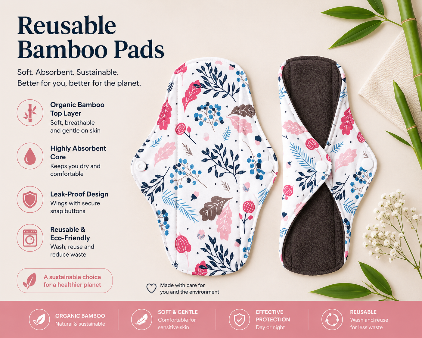 Reusable Menstrual Pad – Reusable Cotton Pads for Women, Organic Cotton Pads, 100% Cotton Pads, Cotton Menstrual Pads, Washable Reusable Pads for Medium, Heavy Flow & Overnight Use